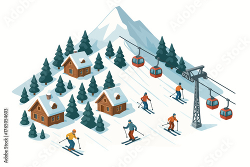 Winter sports adventure at a snowy mountain ski resort with chalets and skiers