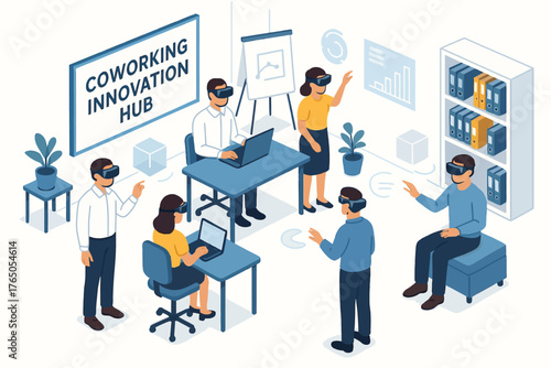 Diverse team of adults collaborating with vr in innovative coworking space