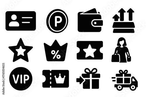 Rewards Loyalty Icons. Solid style icons of loyalty and rewards: membership card, points balance, cashback wallet, tier rewards,
