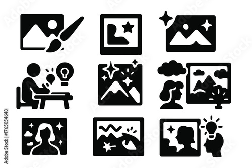 Visual Creativity Icons. Solid style icons of Visual creativity: image with brush, photo with star, picture spark, creative