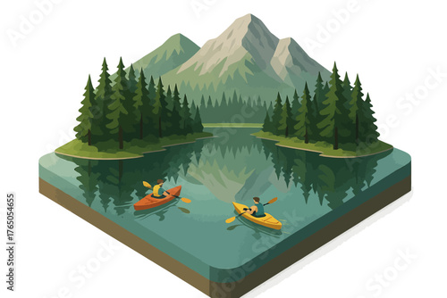 Kayaking adventure on serene mountain lake with lush pines and majestic peaks