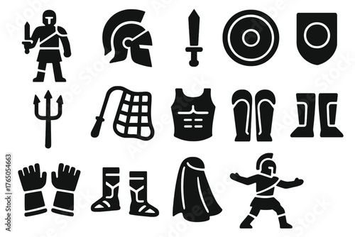 Roman Gladiator Icons. Solid style icons of Roman gladiators: gladiator figure, helmet, sword, shield, trident, net, armor