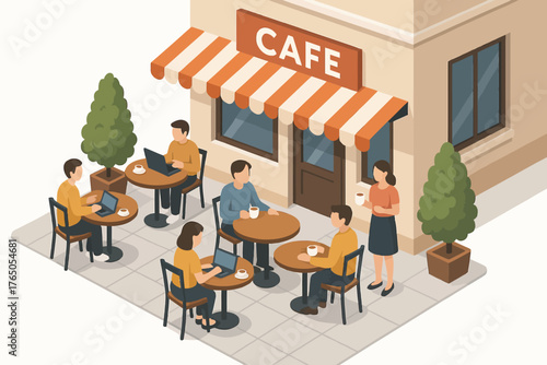 Outdoor café scene with diverse adults enjoying coffee and conversations