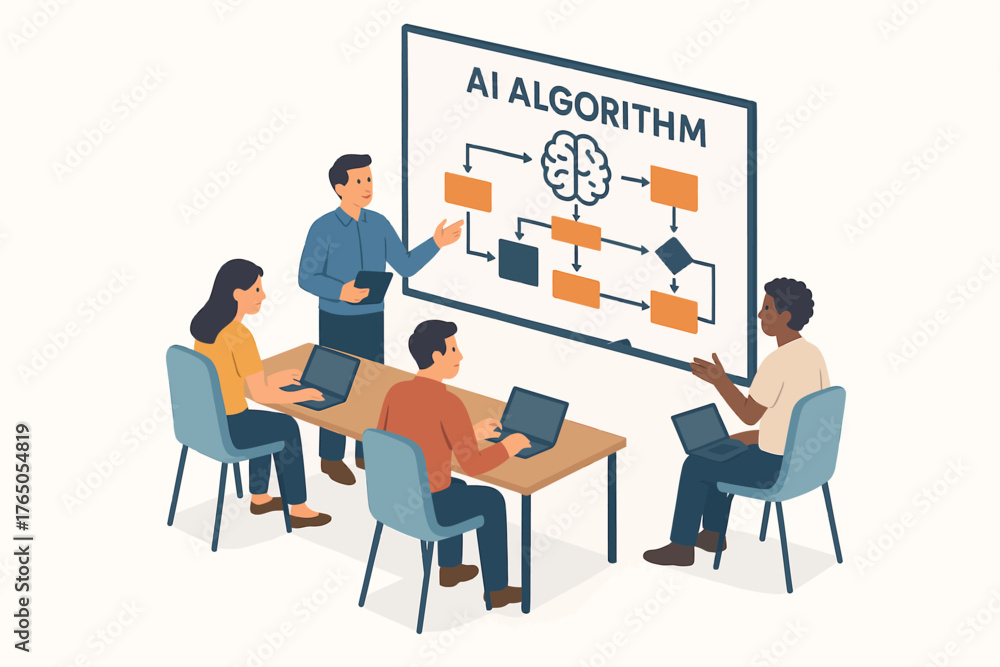 Fototapeta premium Diverse team collaborating on ai algorithm flowchart in office setting