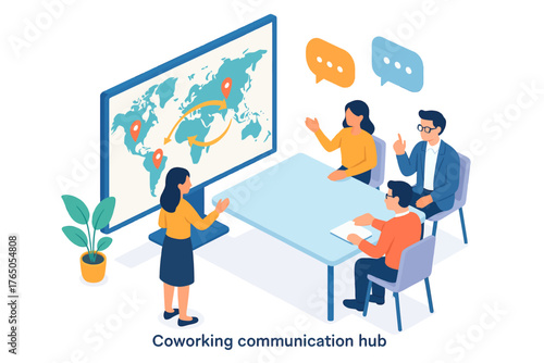 Diverse team collaborating at coworking space with global communication display