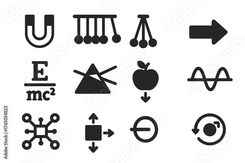 Physics Icons. Solid style icons of Physics: magnet, Newton’s cradle, pendulum swing, motion arrow, physics formula, prism light