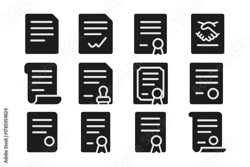 Solid Contract Icons. Solid style icons of Contracts: contract paper, signed page, sealed document, agreement form, partnership