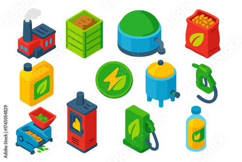 Energy and Sustainability Icons. Isometric vector illustration set Energy and Sustainability: biomass plant, compost bin, biogas
