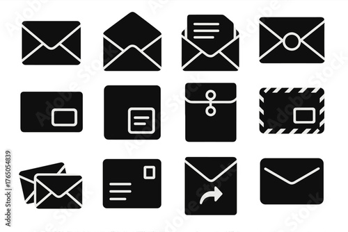 Mail Envelope Icons. Solid style icons of mail envelopes: closed envelope, open envelope, letter sliding out, wax-sealed envelope,