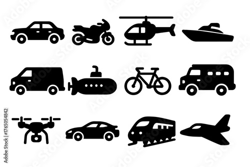 Spy Vehicles Icons. Solid style icons of Spy vehicles: black car, motorcycle, helicopter, speedboat, unmarked van, submarine,