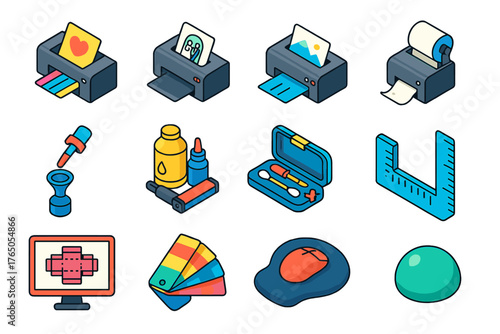 Printing Technology Icons. Isometric vector illustration set 2D printing, design, and technology: greeting card printer, wedding