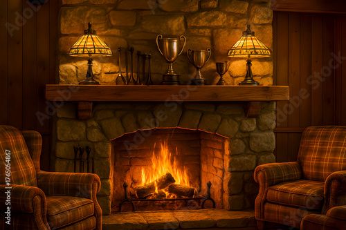 A stone fireplace with a glowing fire has antique tools art lamps and trophies displayed on a wooden mantle creating a cozy rustic room filled with vintage American charm