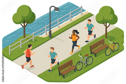 Group of young adults jogging in park by river with bicycles and benches
