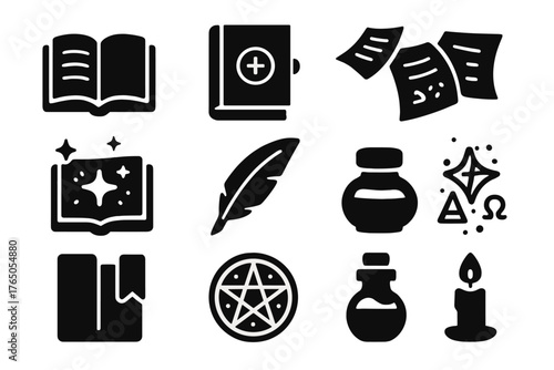 Magical Spellbook Icons. Solid style icons of Magic spellbooks: open book, closed grimoire, floating pages, glowing runes, quill,