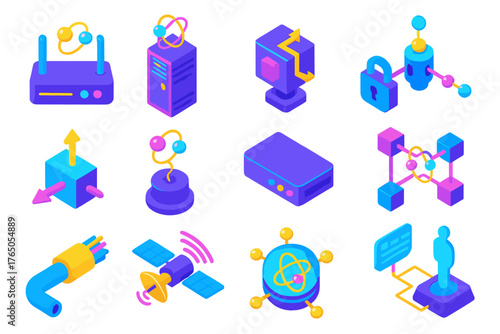 Quantum Network Devices Icons. Isometric vector illustration set Quantum Network Devices: quantum router, quantum repeater, photon