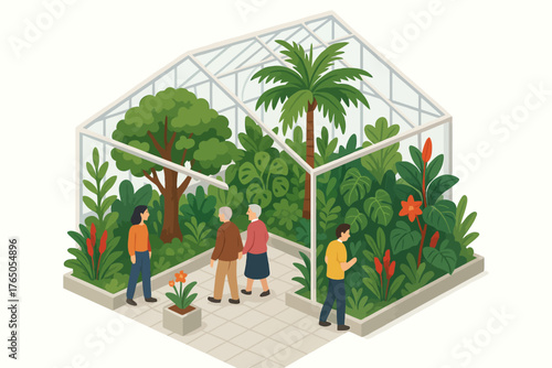Diverse group exploring lush greenhouse filled with tropical plants