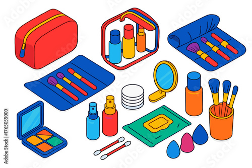 Makeup Travel Essentials. Isometric vector illustration set Makeup Essentials and Accessories: travel makeup bag, clear cosmetic