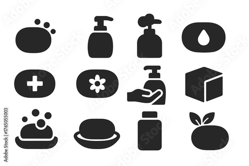 Soap Icons Collection. Solid style icons of Soap types: bar soap, liquid soap bottle, foaming soap, glycerin soap, antibacterial
