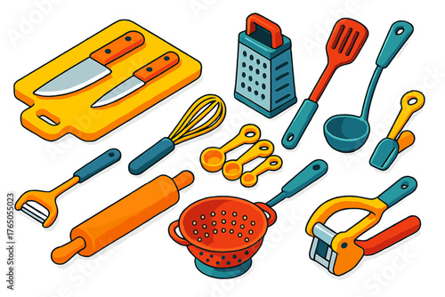 Vibrant Kitchen Utensils. Isometric vector illustration set Kitchen Tools: chef’s knife, paring knife, cutting board, grater,