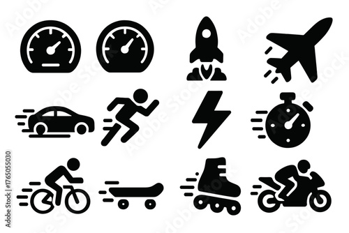 Acceleration Icon Set. Solid style icons of acceleration symbols: speedometer, tachometer, rocket launch, jet plane, sports car,