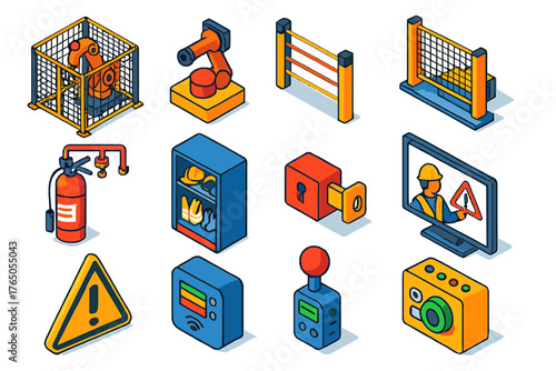 Industrial Safety Icons. Isometric vector illustration set Industrial Safety Automation: robotic arm with safety guard, emergency