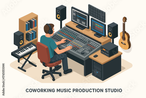 Young caucasian male music producer in studio with mixing console and instruments
