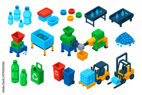 Plastic Recycling Process. Isometric vector illustration set Plastic Recycling: plastic bottles, plastic containers, plastic caps,