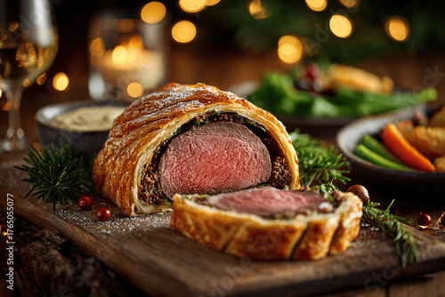 Elegant French beef Wellington served in cozy snowy alpine chalet