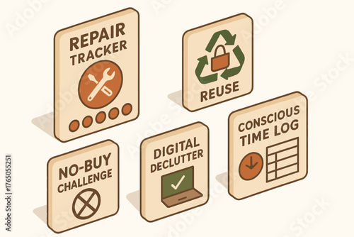 Minimalist living tips: repair tracker, reuse, no-buy challenge, digital declutter, conscious time log