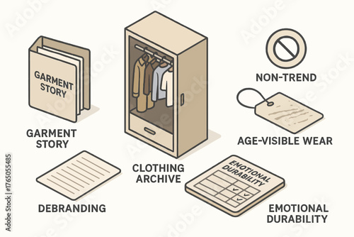 Clothing archive concept with garment story and emotional durability icons