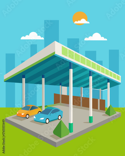 An aesthetically pleasing parking structure with a canopy of solar panels that create a green and ecofriendly space.. Vector illustration
