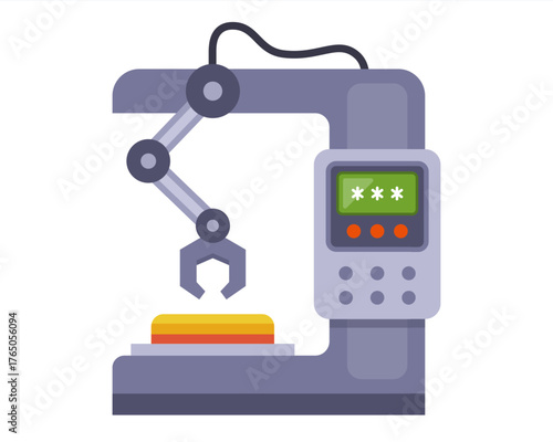 Robotic arm machine at the factory. Flat vector illustration.