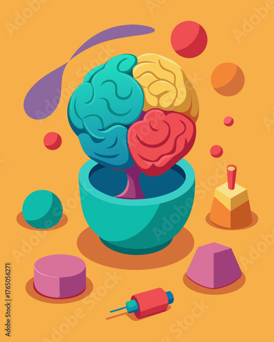 A brain being molded into different shapes and sizes like a ball of playdough in the hands of a skilled sculptor.. Vector illustration