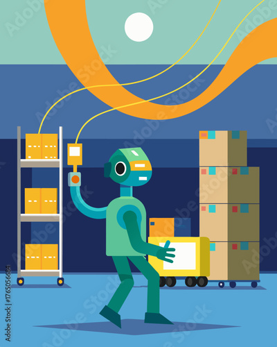 A sleek solarpowered robot glides along the floor of a bustling warehouse its long tendrils reaching up to replenish supplies on high shelves without the need for a humanoperated. Vector illustration