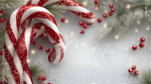 Background of candy cane, ice and fir, concept Christmas. Copy Space