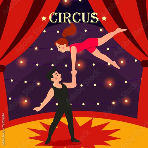A colorful vector illustration of two circus acrobats performing a balancing act under bright lights and red curtains. Perfect for posters, event flyers, or entertainment-themed designs.