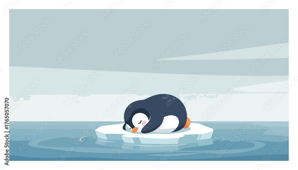 Obraz premium Sleeping Penguin on Ice – Cute Bird Resting on Floating Snow Island Cartoon Vector Illustration