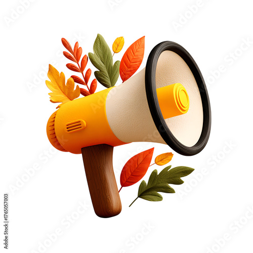Autumn announcement megaphone with fall leaves on a black studio background view on transparent background