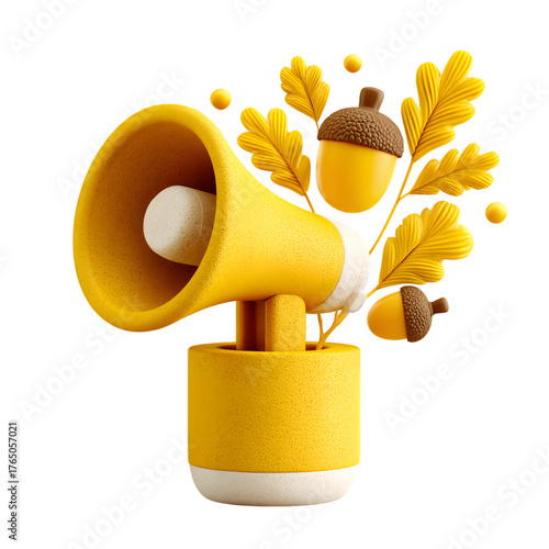 Yellow megaphone with autumn leaves and acorns design on transparent background