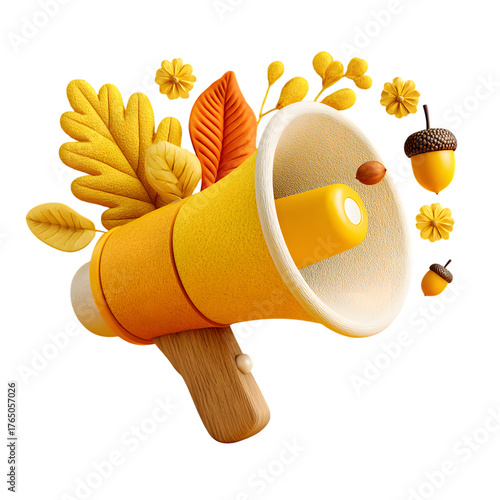 Autumn announcement with a yellow megaphone surrounded by fall leaves and acorns on transparent background