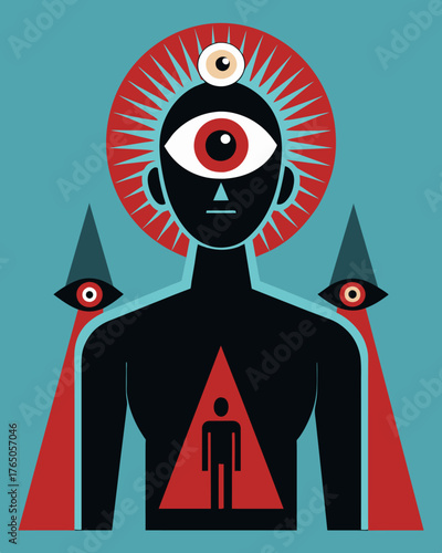 A figure with a third eye symbolic of the allseeing control and surveillance exerted by those in power.. Vector illustration