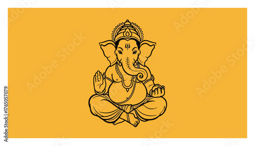 Minimal Line Art Ganesha on Yellow – Simple Elephant God Sitting Outline Vector Illustration