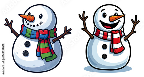 Snowman with Colorful Scarf – Smiling Frosty Character Winter Cartoon Vector Illustration