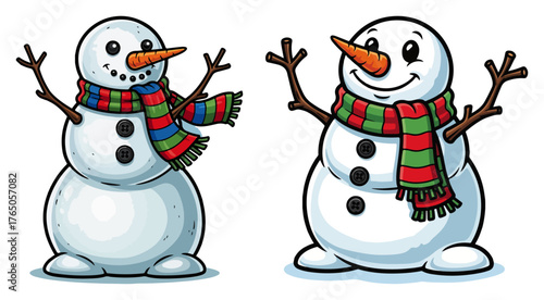 Snowman Characters Set – Three Frosty Figures with Striped Scarves Christmas Cartoon Vector Illustration