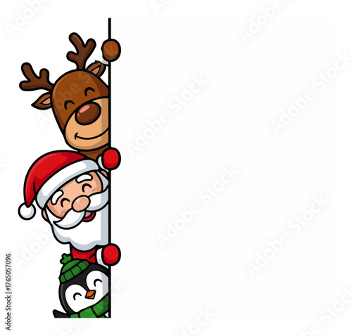 Christmas Characters Peeking Border – Reindeer, Santa and Penguin Vertical Banner Cartoon Vector Illustration