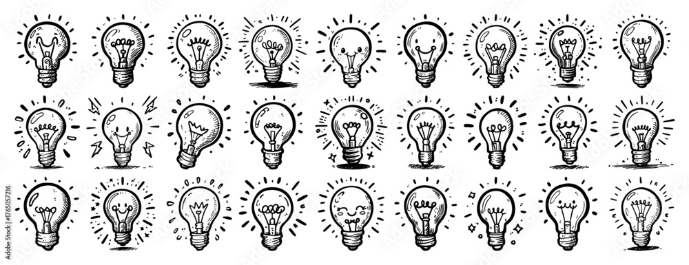 Obraz premium Idea Light Bulb Icons Set – Hand-Drawn Creative Inspiration Sketch Collection Vector Illustration