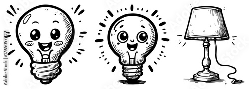 Cute Light Bulb and Desk Lamp – Smiling Idea Mascot and Vintage Lamp Sketch Vector Illustration