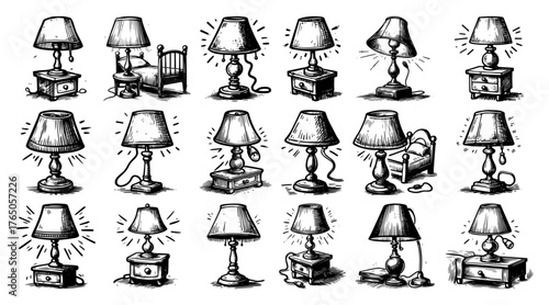 Vintage Table Lamp Icons Set – Hand-Drawn Desk Light Sketch Collection Vector Illustration