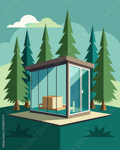 A modern glasswalled cubicle nestled a tall trees powered by a discreet solar panel on top of the roof.. Vector illustration
