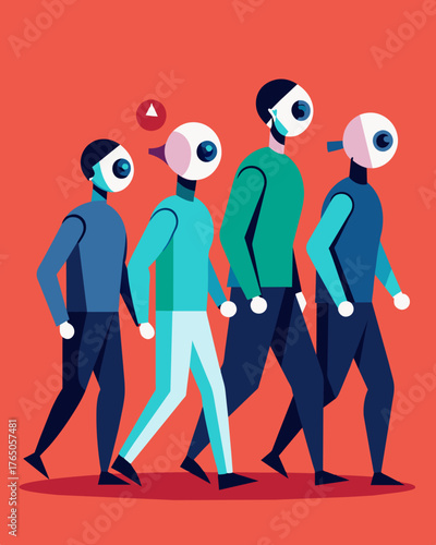A group of people are seen walking mindlessly their eyes glazed over and their movements stiff and robotic controlled by an unseen force.. Vector illustration